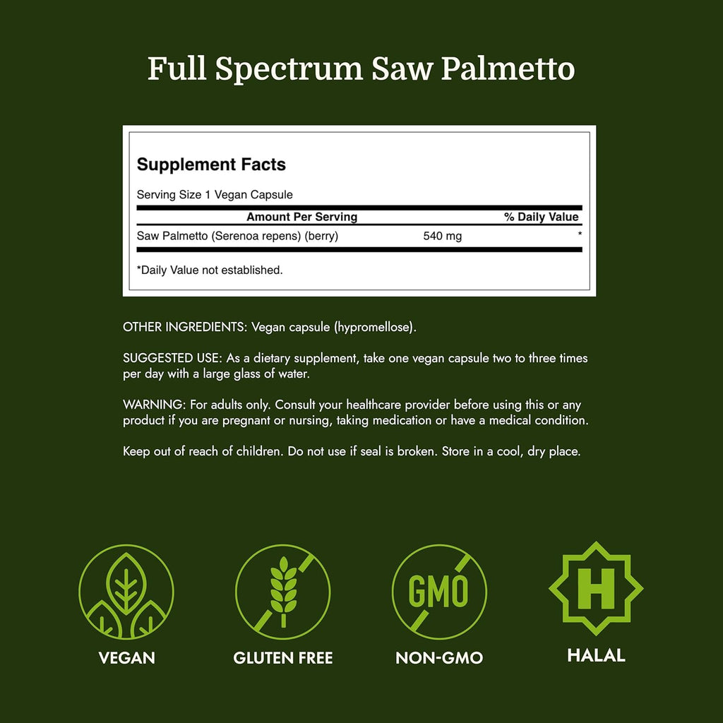 Saw Palmetto Full Spectrum Herbal Supplement for Men Seeking Prostate, Hair, and Urinary Health Support - 540 Mg (250 Vegan Capsules)